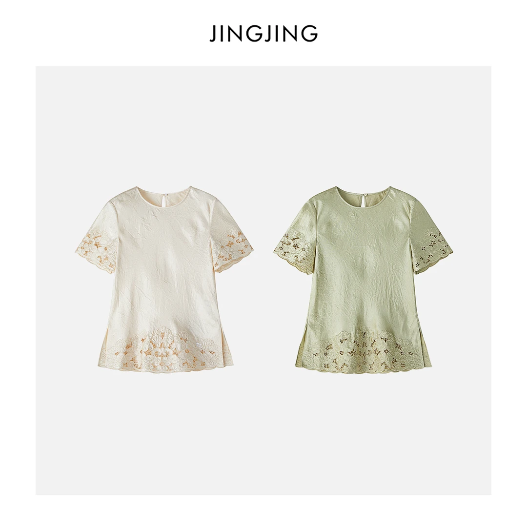 JINGJING2025新款“玉锦短袖”100醋酸丝滑感下摆花边蕾丝打底T恤