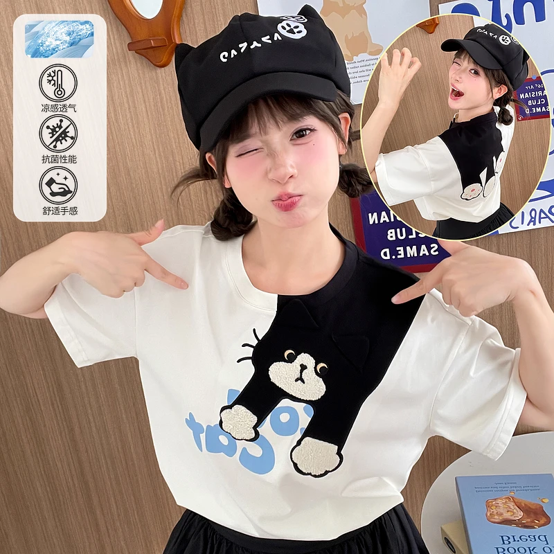 森女部落设计感萌趣猫咪印花原创上衣宽松圆领T恤女2025初夏穿搭