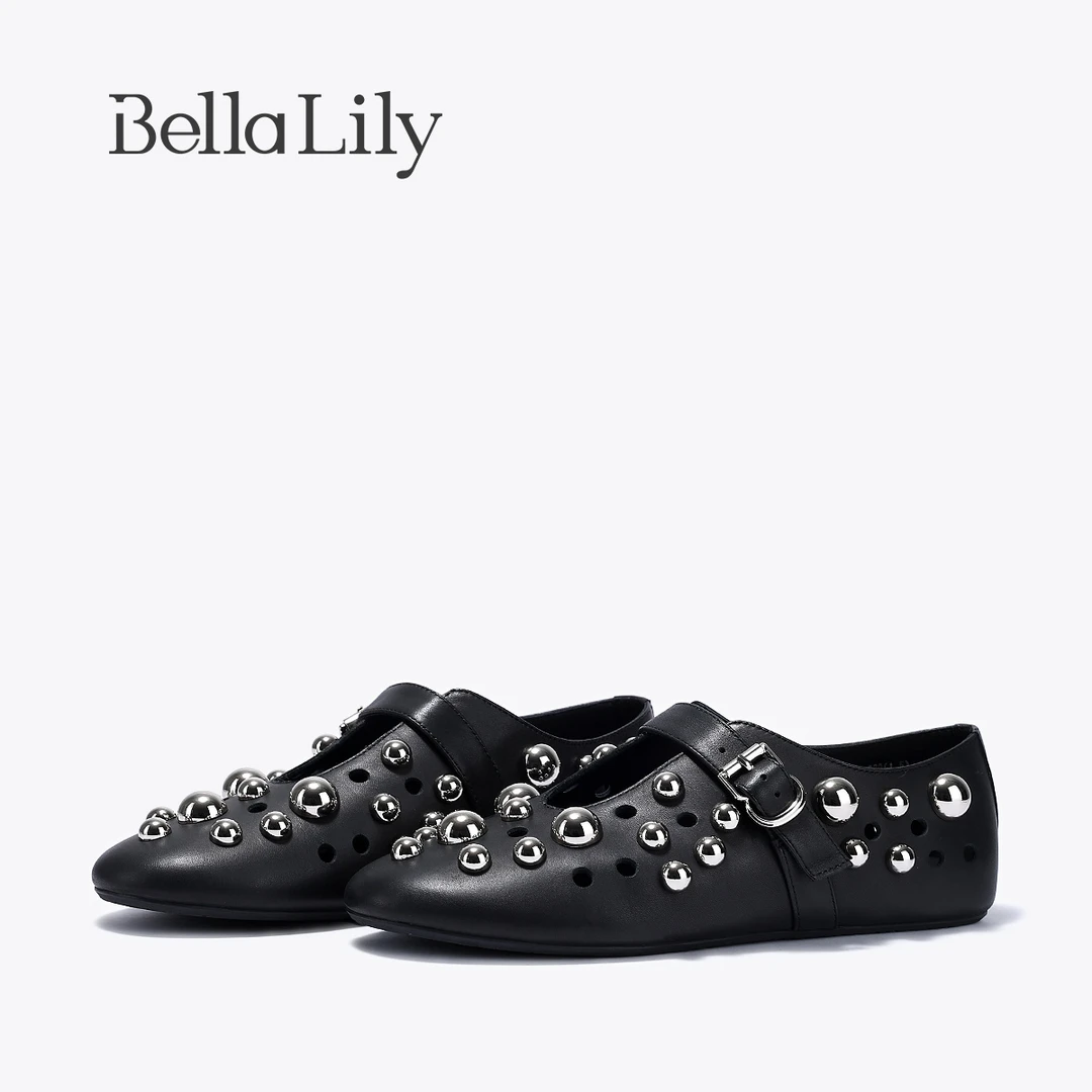 BellaLily2025春季新款铆钉芭蕾舞单鞋女复古镂空平底鞋玛丽珍鞋