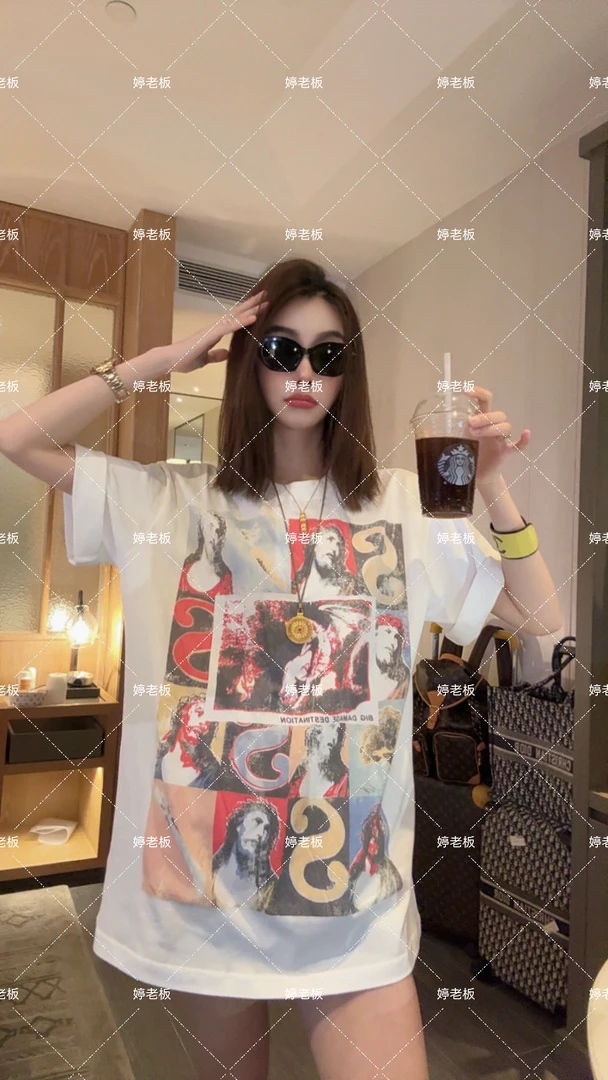 『婷老板』新款、美式字母人物格子短袖T恤999-31