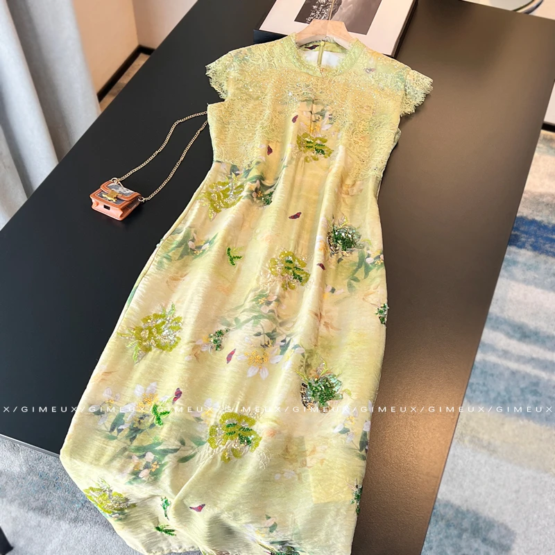 新中式改良旗袍连衣裙女夏2025新款法式浪漫蕾丝刺绣后开叉长裙子