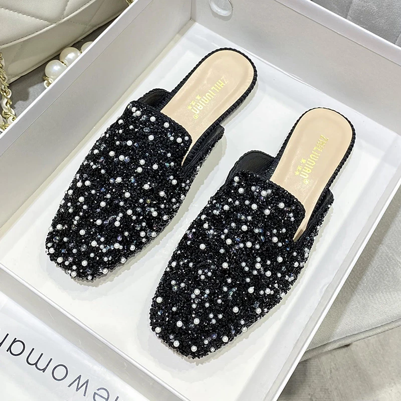 水钻半托单鞋女2025年新款夏季包头外穿半拖鞋软底大码女鞋41一43