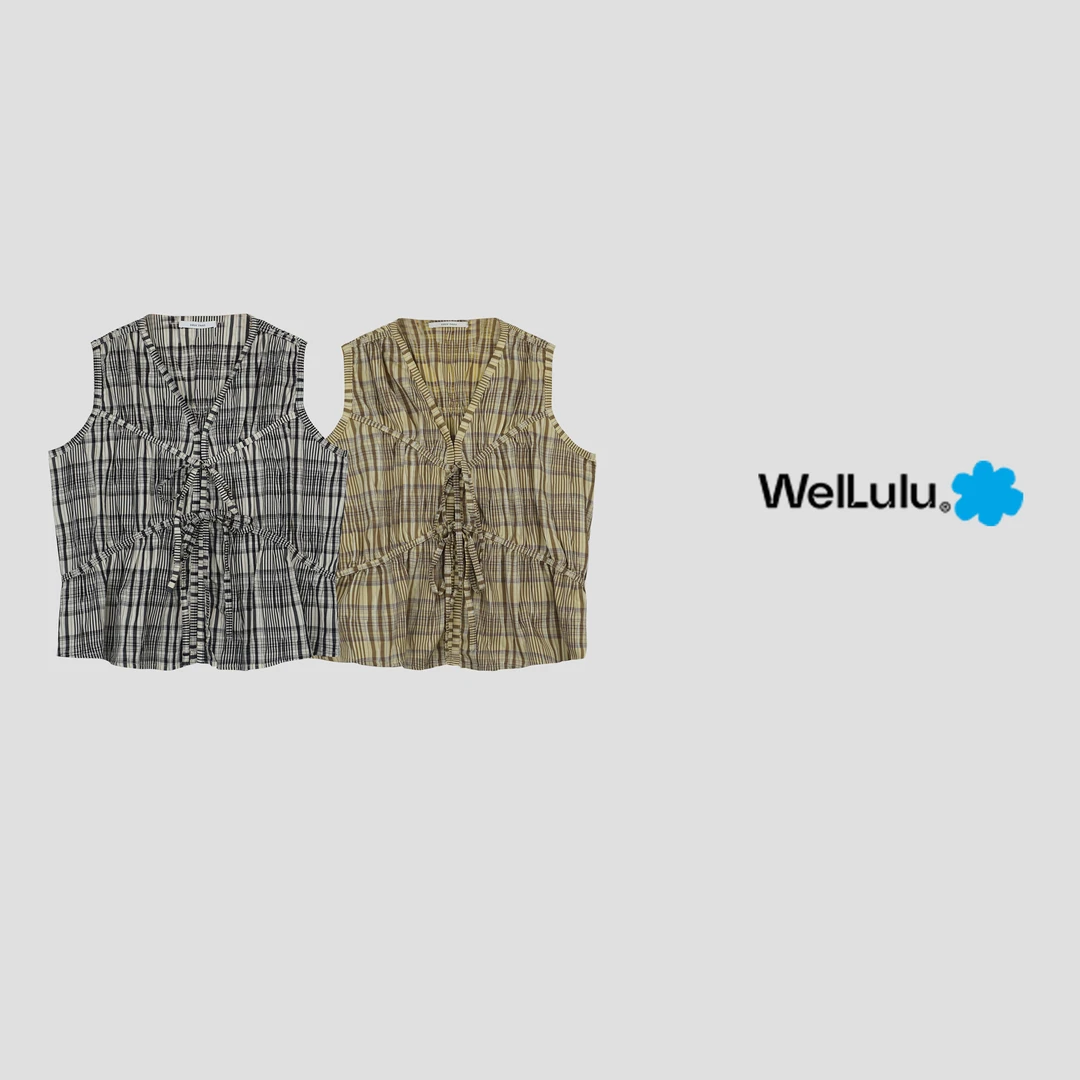 WelLulu「值得爱」时髦无袖弹力修身显瘦度假休闲风格子衫背心
