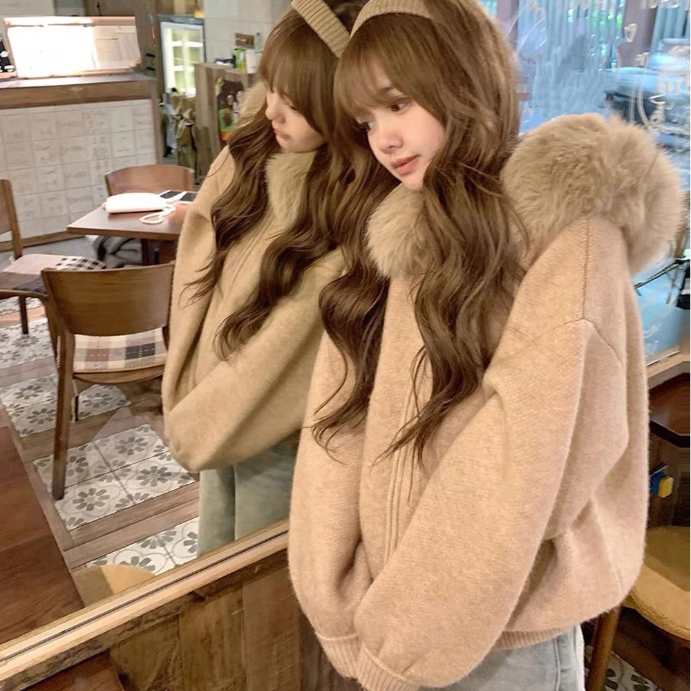 秋冬韩系大毛领毛衣开衫外套女秋冬宽松显瘦ins风软糯保暖针织衫