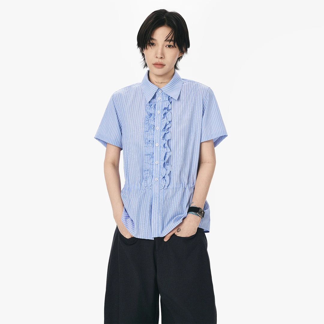 【李斯丹妮同款】sameuoo散养文化“蓝澜”蓝条纹夏季休闲通勤衬衫