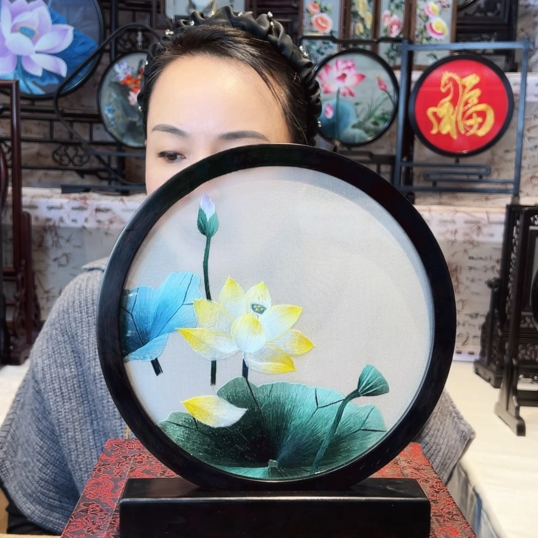 织绣苏绣摆台檀木手工双面