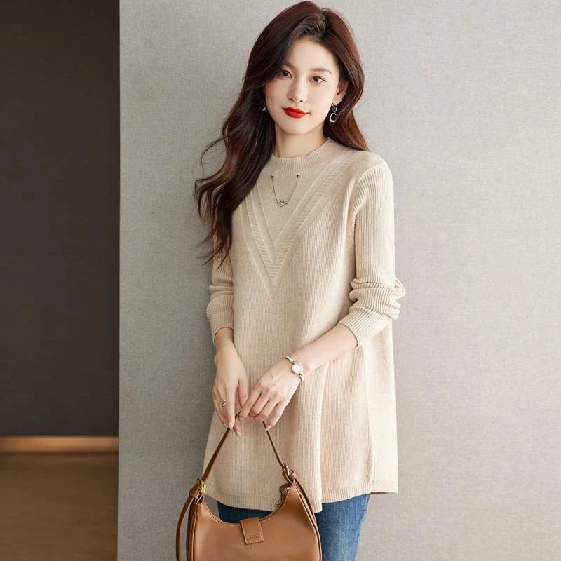 法芬图中长版遮屁股毛衣女内搭秋冬宽松洋派A字洋装针织打底衫