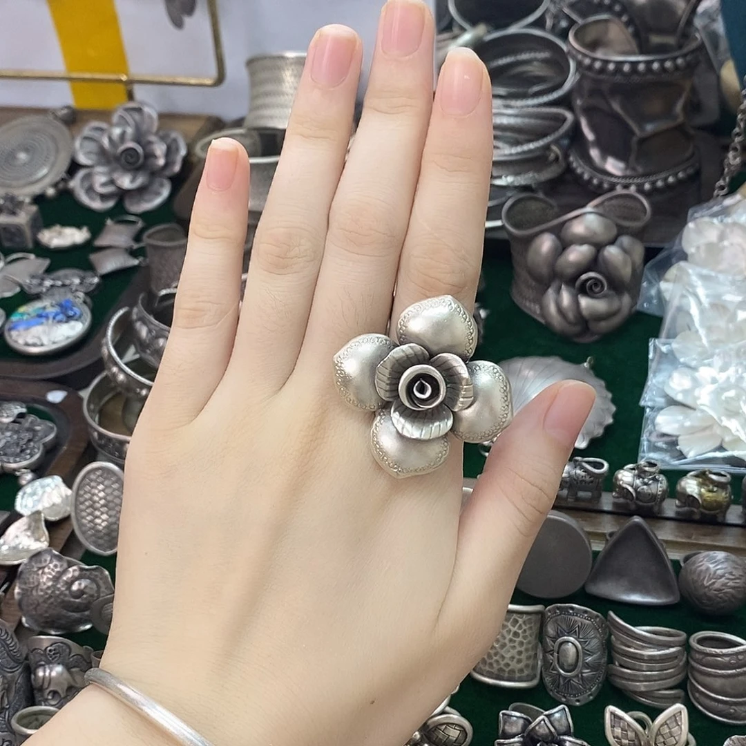 无合金925纯银泰国纯手工可调节花朵戒指