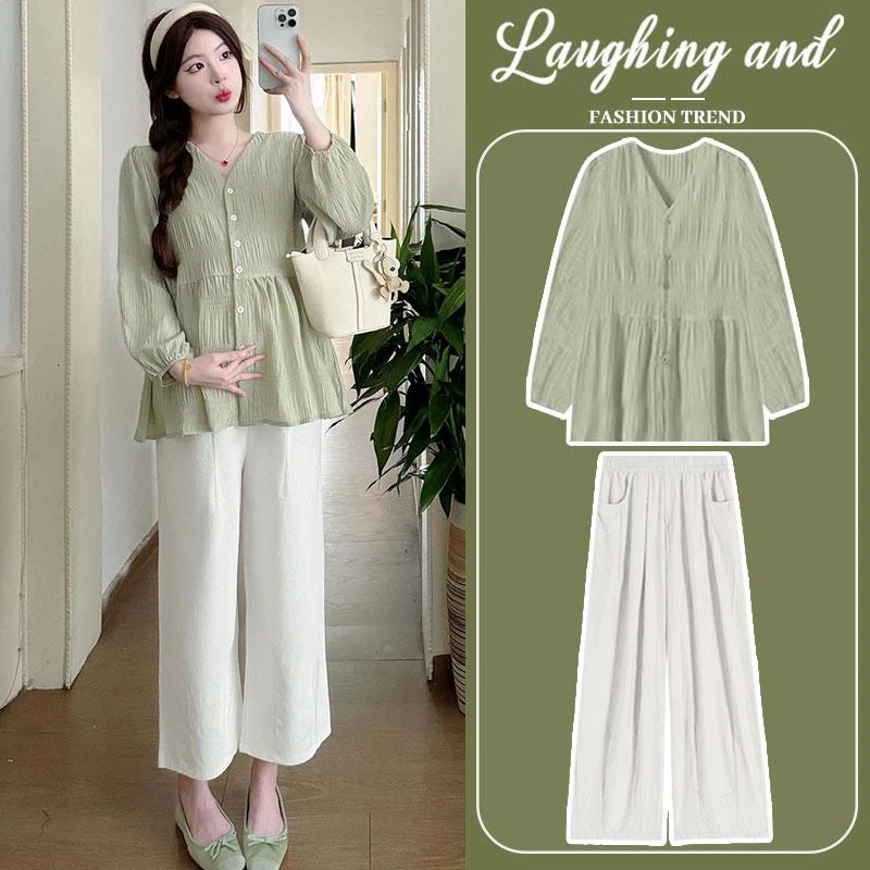 孕妇衣服上衣春装绿色雪纺衬衫V领可哺乳慵懒风套装春秋2025新款
