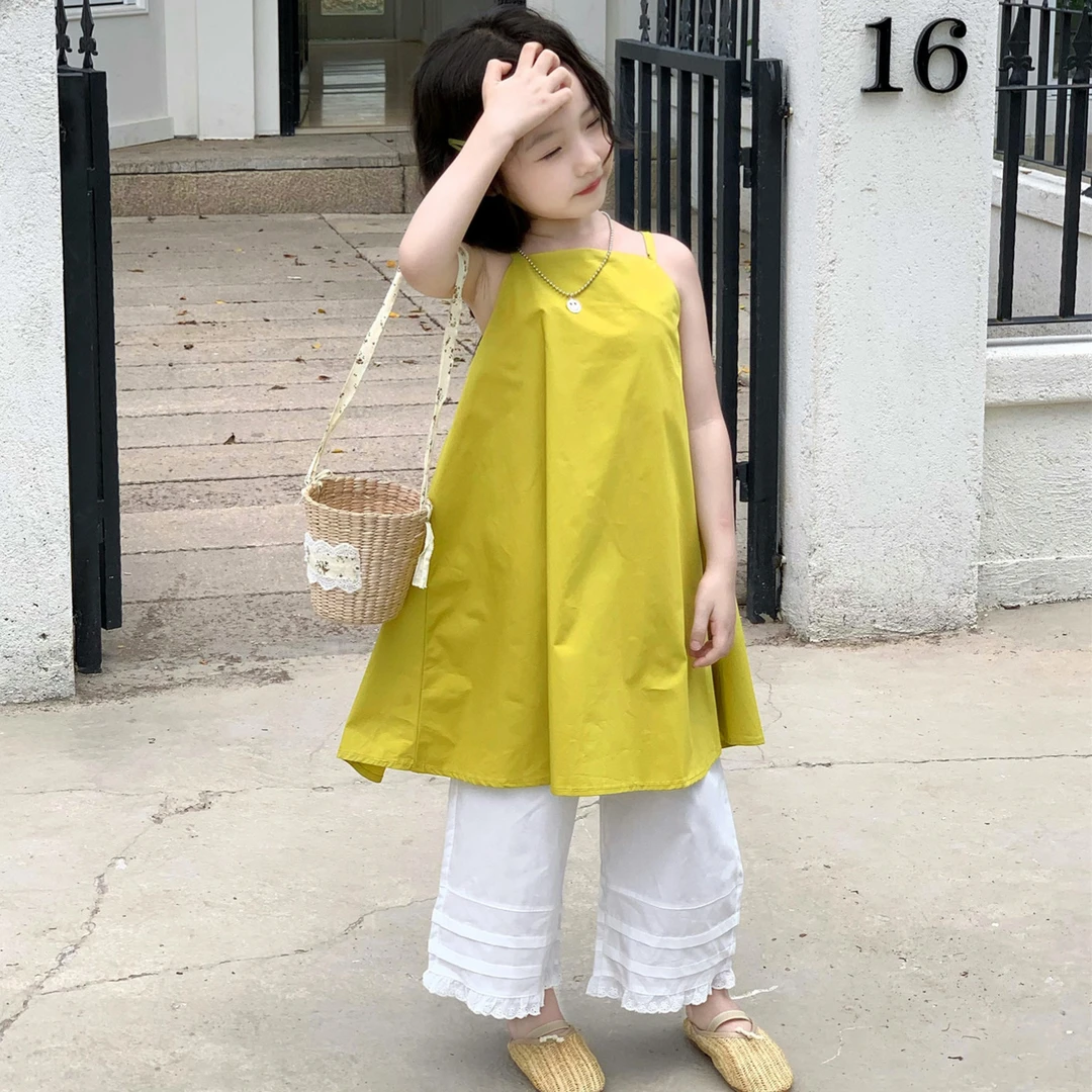 女童套装2025夏季新款时尚韩版洋气无袖吊带连衣裙宽松花边阔腿裤