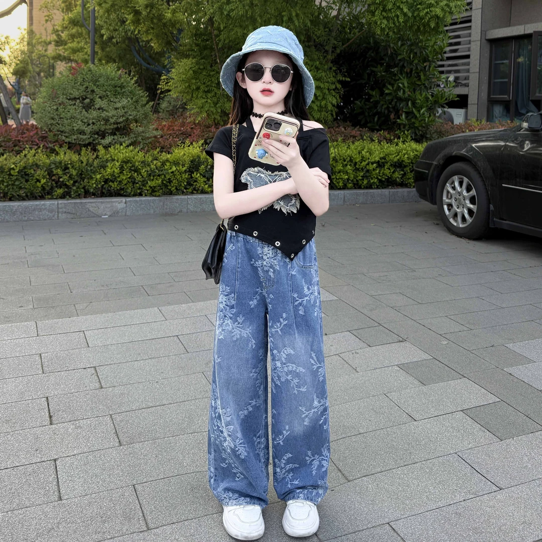 女童夏季2025新款洋气时尚韩版宽松提花直筒阔腿牛仔裤背心套装