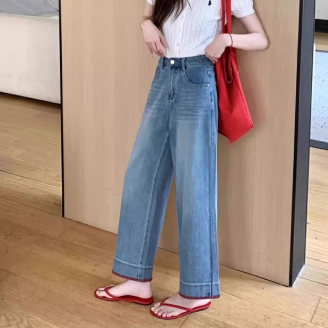 莱赛尔凉感天丝直筒牛仔裤女夏季微胖大码腿粗显瘦窄版九分阔腿裤