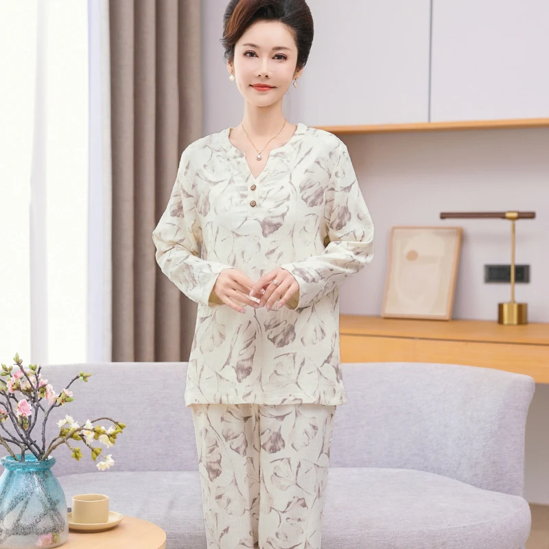 双面云朵棉睡衣女春秋款长袖中老年女士妈妈大码套装可外穿家居服