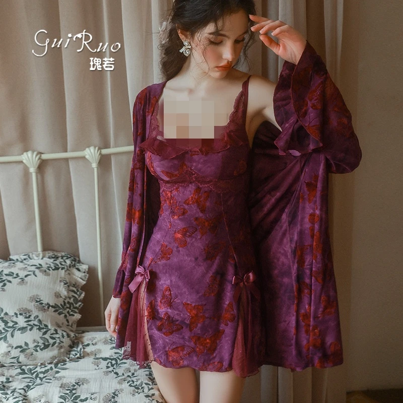 【风花雪月】甜美夏季睡裙植绒显瘦印花加胸垫睡裙外袍女套装QJ5286