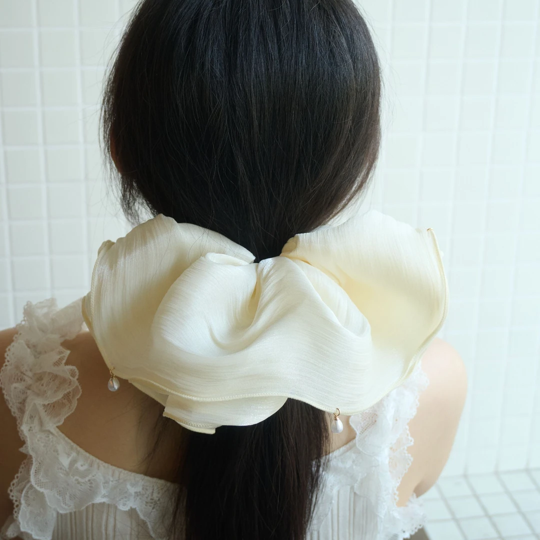 超仙大版缎光网纱四层珍珠大发圈发饰高级流光百搭精致手工头发饰