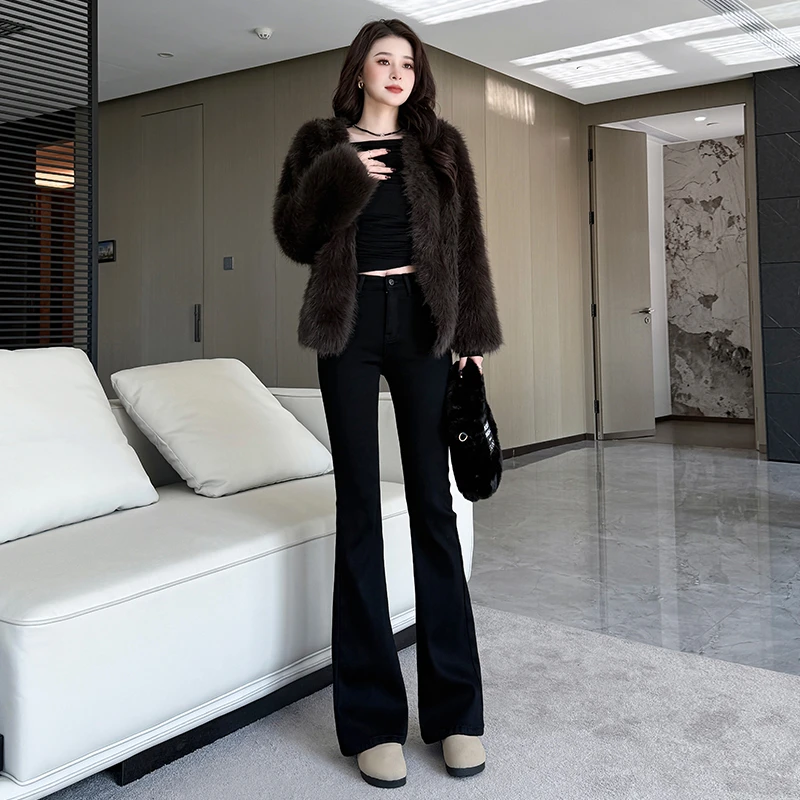 黑色高腰弹力微喇牛仔裤女2025年早春款小个子修身显高显瘦喇叭裤