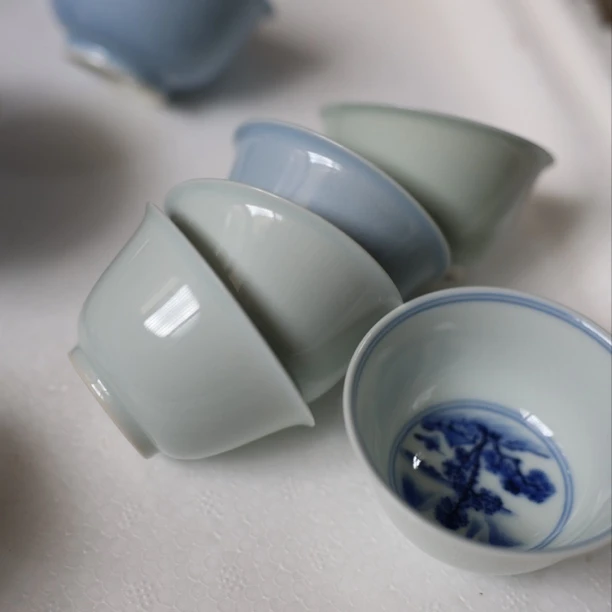 平生一盏柴窑青花山水杯豆青山水杯主人杯喝茶杯柴窑山水茶具