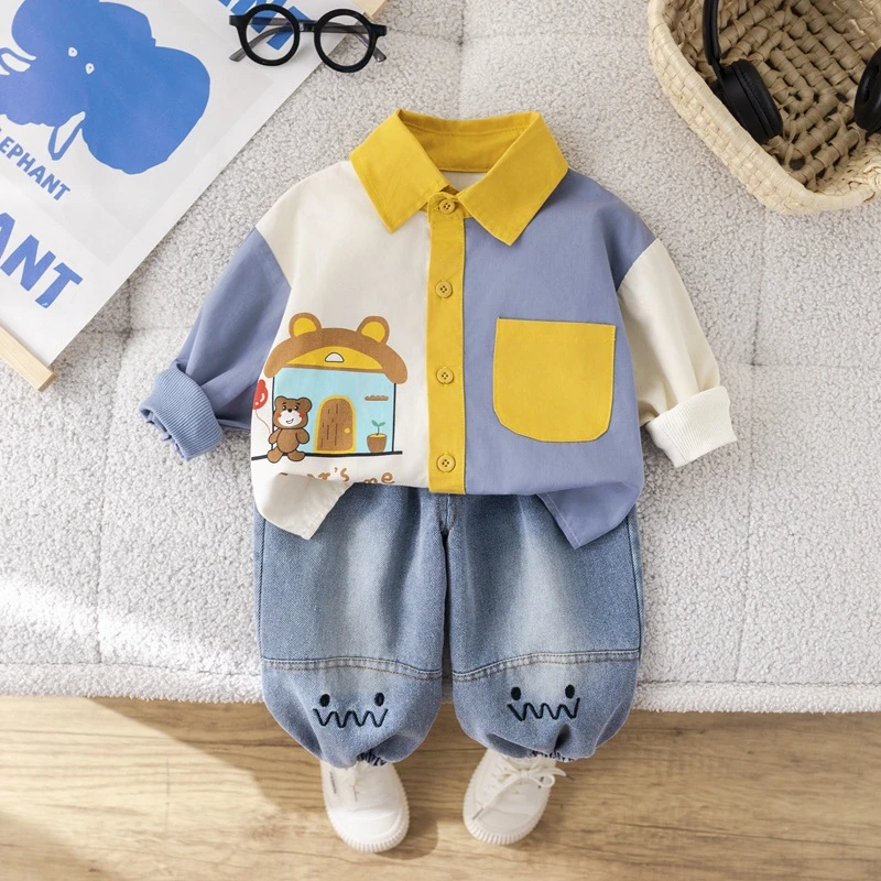秋季男童长袖衬衫套装纯棉长袖牛仔长裤卡通图案休闲风儿童套装