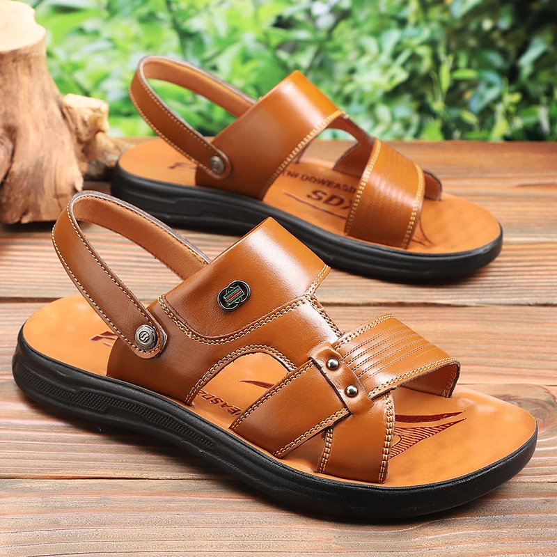 头层牛皮男式沙滩鞋防滑耐磨休闲两用凉拖鞋开车男士凉鞋真皮透气