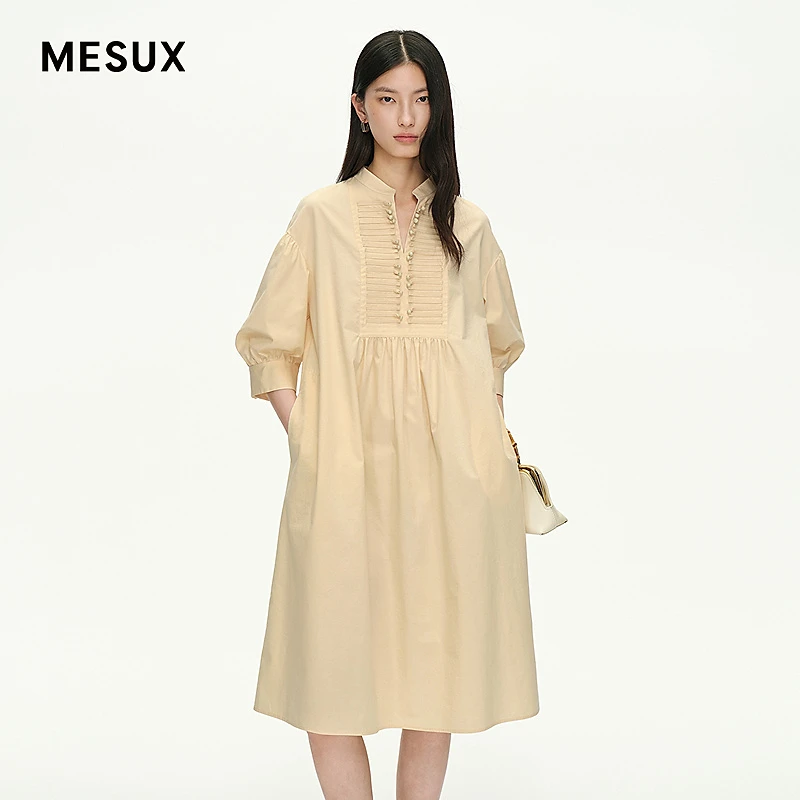MESUX米岫25夏法式复古收腰一字扣精梳棉宽松短袖连衣裙MNMUO504