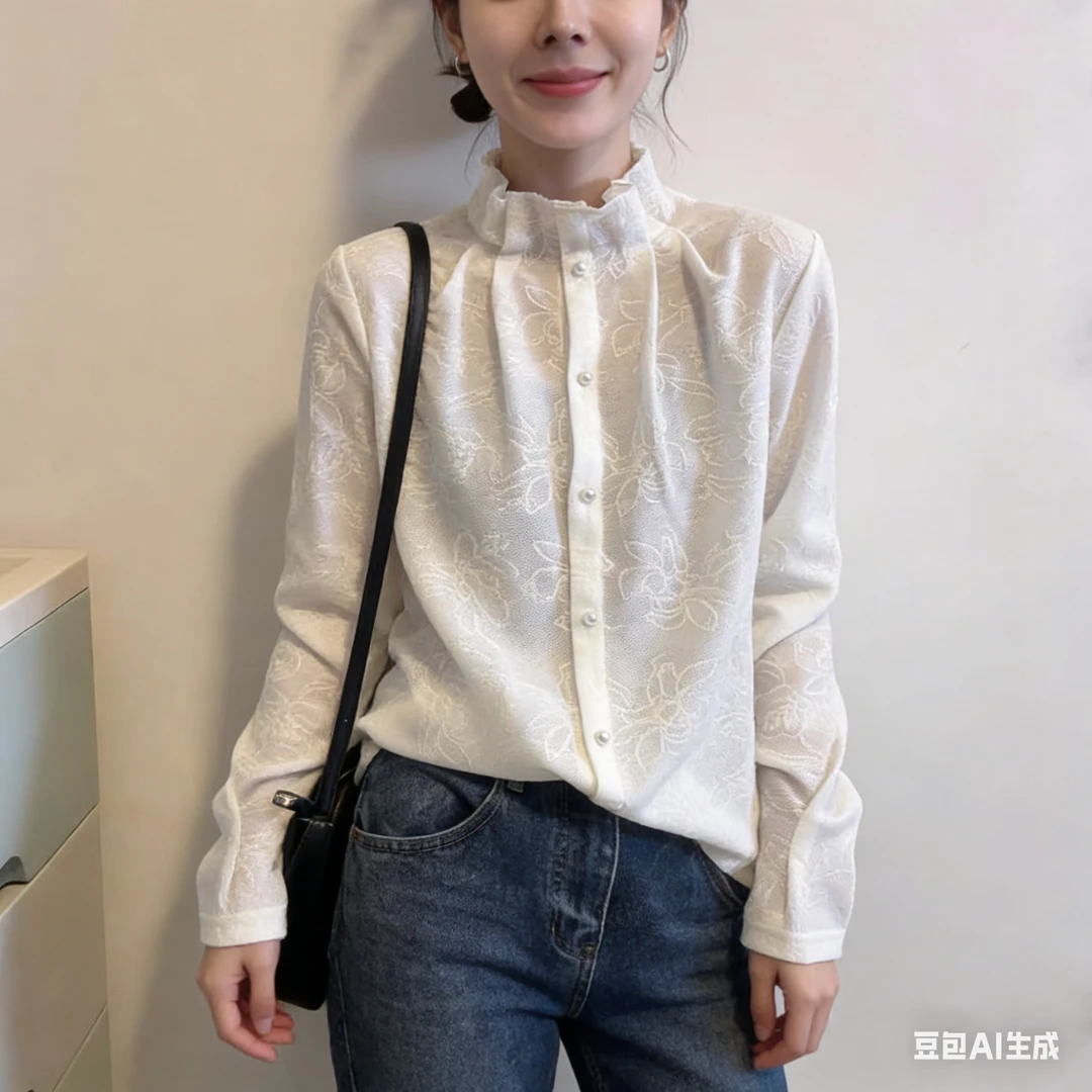 中式风立领白色蕾丝勾花长袖衬衫女早春新款气质内搭百