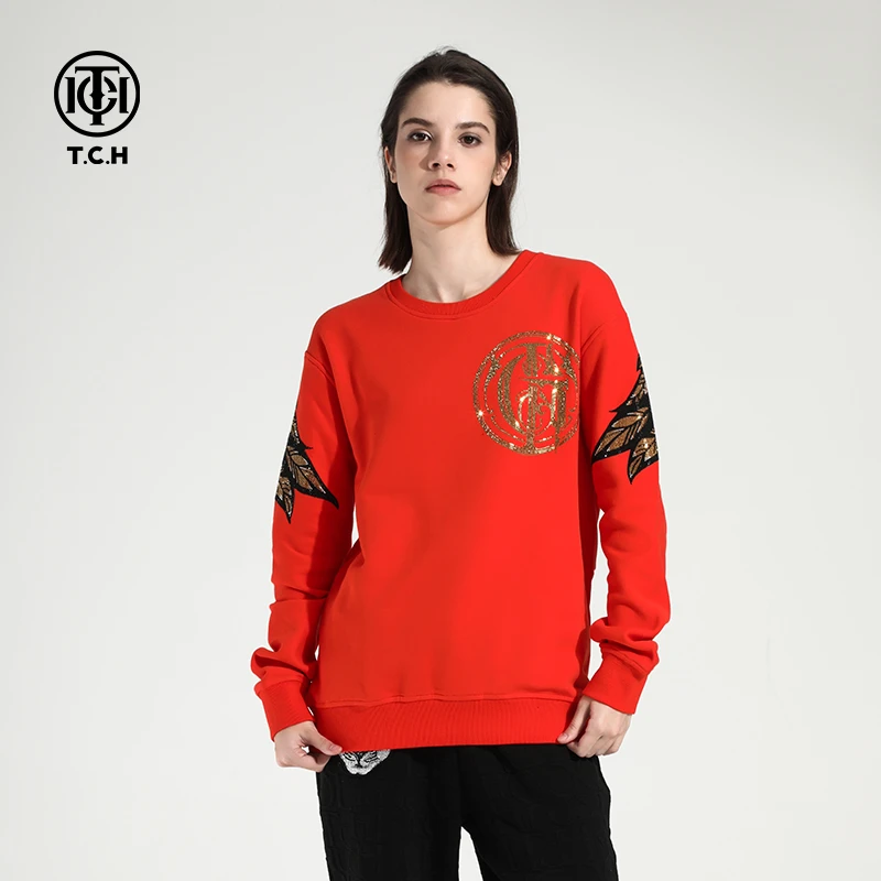 奥莱-TCH洋气背后翅膀烫钻橙色卫衣情侣男女同款T21111C6056