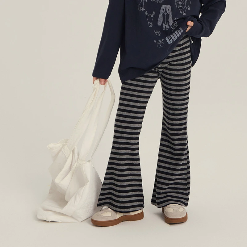 【秋款新品】女童韩系高弹条纹喇叭裤修身款高弹力休闲裤25F169