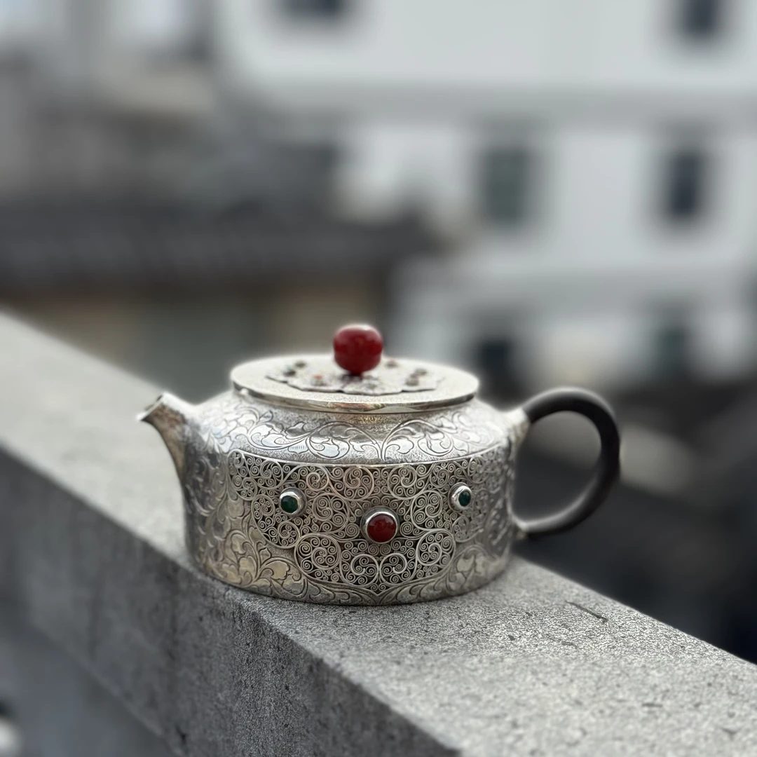 银壶说足银999纯手工掐丝镶嵌泡茶壶银壶