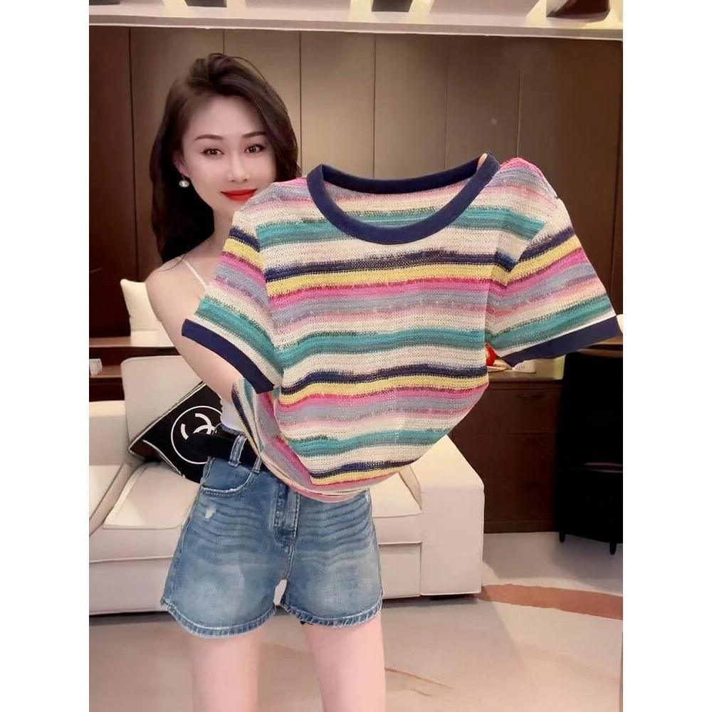 欧洲站多巴胺穿搭彩色条纹冰丝短袖T恤女夏季修身薄款针织衫上衣