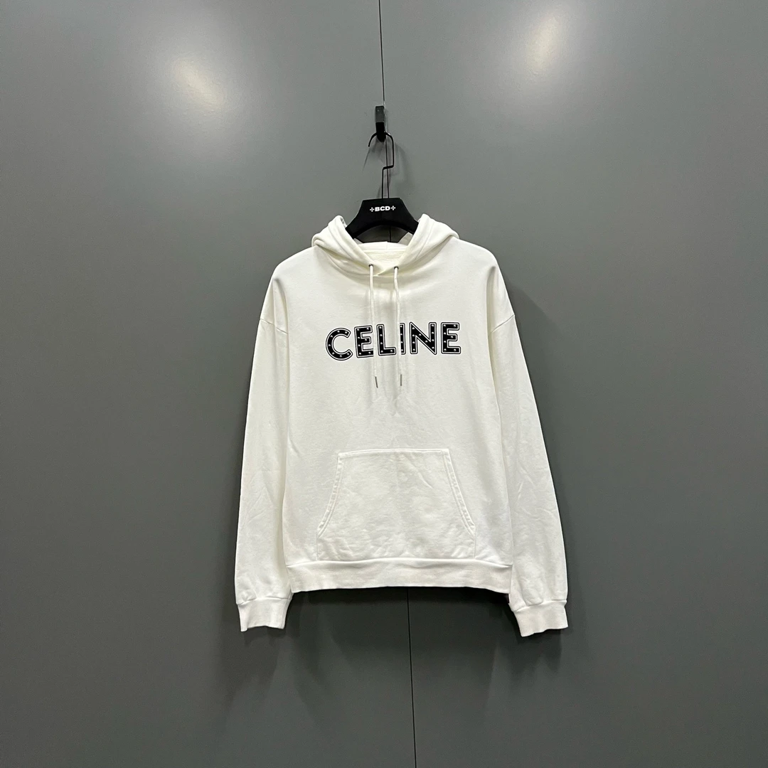95新 Celine/思琳 ab1110 607283 白色铆钉logo印花帽衫