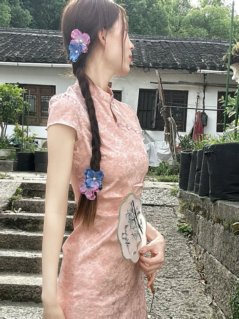 然然高个子女装古法全开襟高个子旗袍樱桃粉连衣裙女洋气衣服女