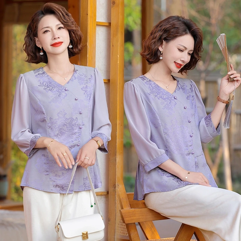 2025新款妈妈装春夏时尚套装洋气中年女装宽松两件套显瘦上衣7yue