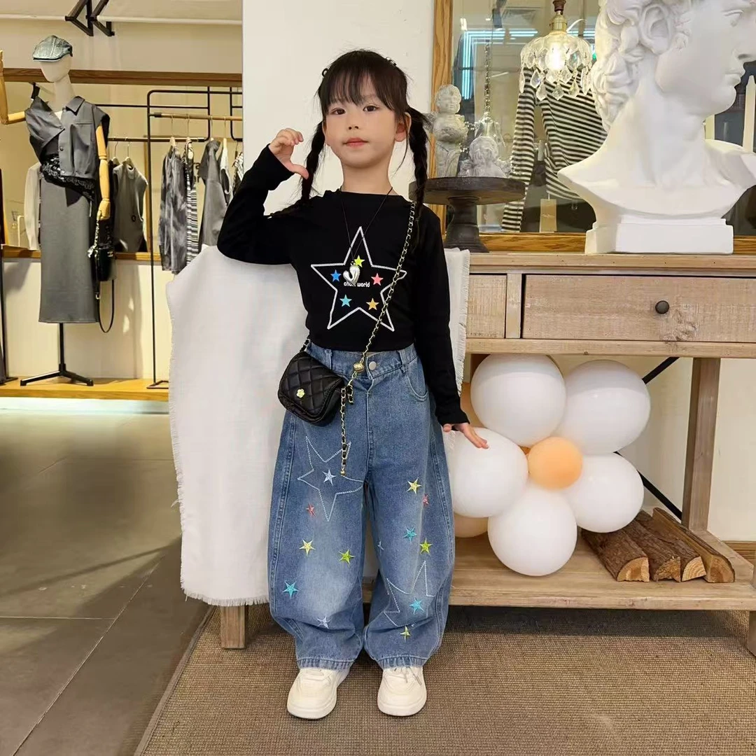 女童多巴胺五星长袖T恤套装5秋款甜酷女孩设计感彩星牛仔裤两件套