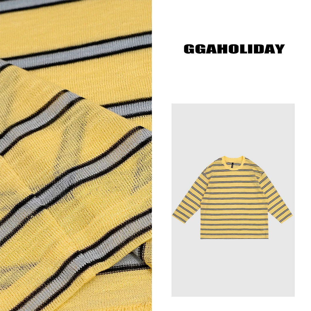 GGAHOLIDAY时尚休闲百搭宽松潮流拼接设计条纹撞色短袖T恤-152555