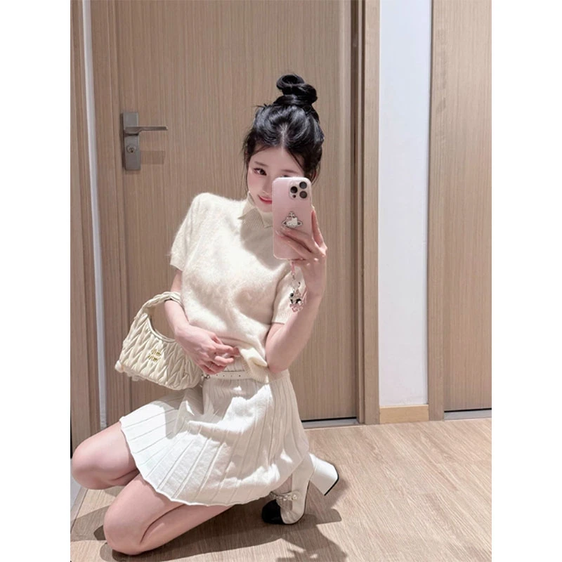 2025秋季新款chic网红同款翻折领拉绒套头针织衫+高腰针织半身裙