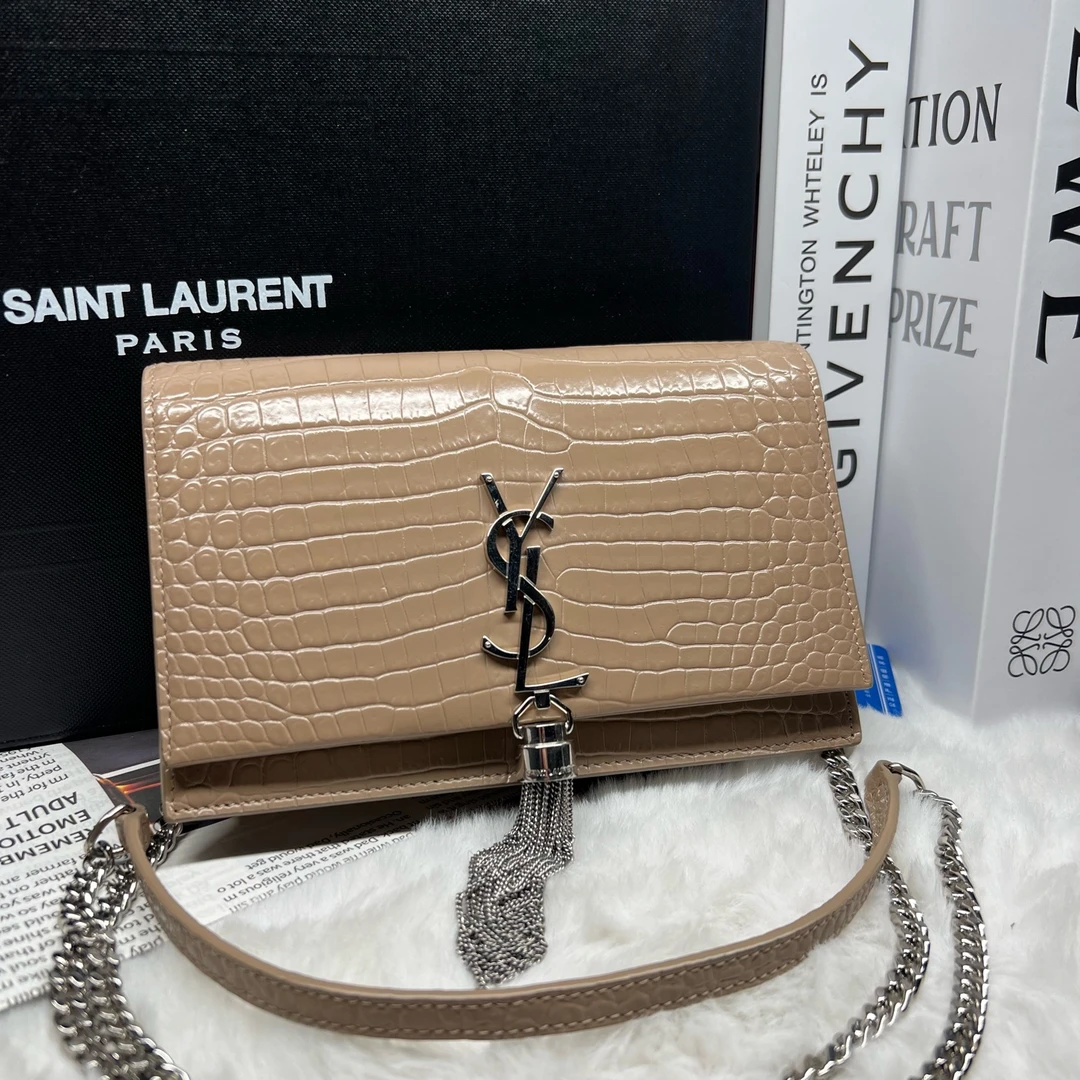 99新 YSL/圣罗兰 奶茶色鳄压纹流苏kate单肩包斜挎包 80792