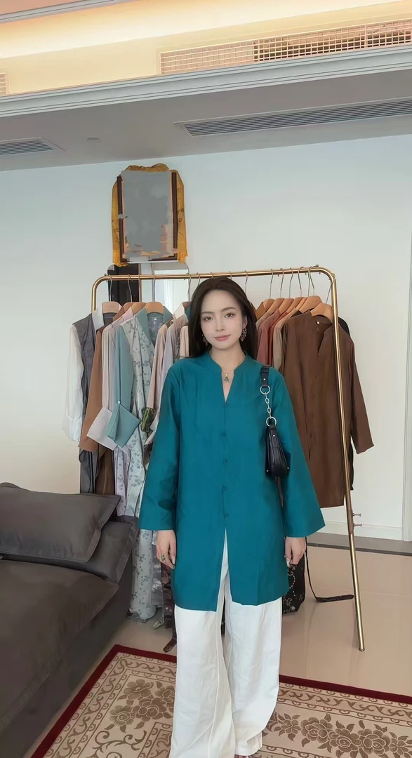 简约百搭时尚冰丝藏式女士长袖中开开衫衬衣外搭