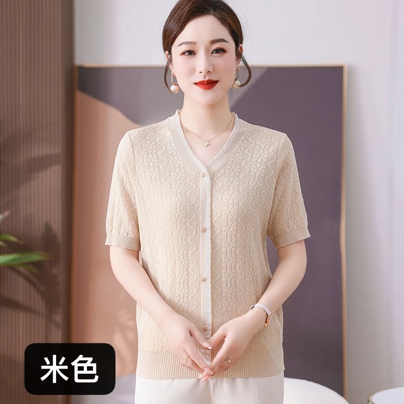 6808款莱赛尔针织衫短袖中老年妈妈装提花上衣