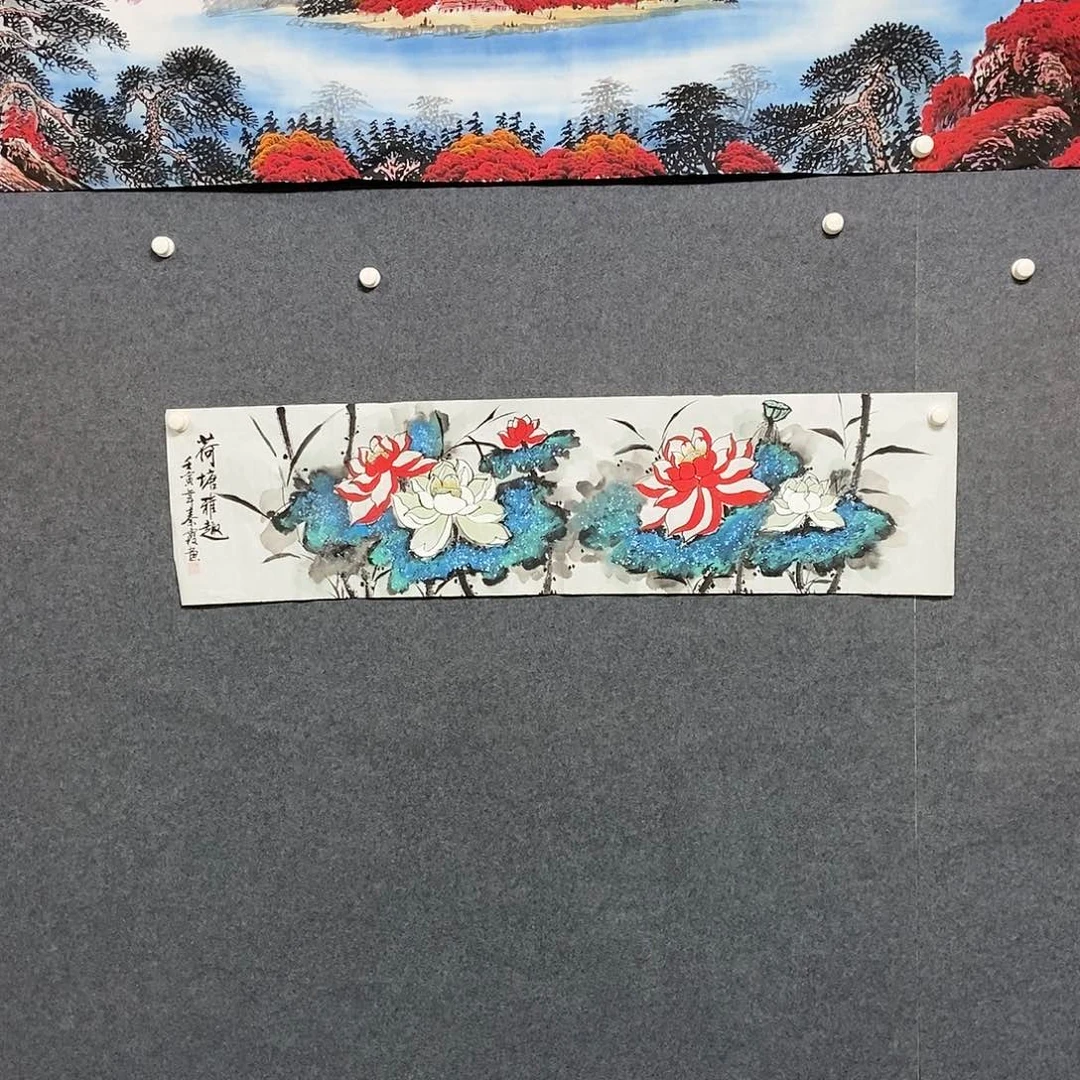 国画四尺对开荷花一副