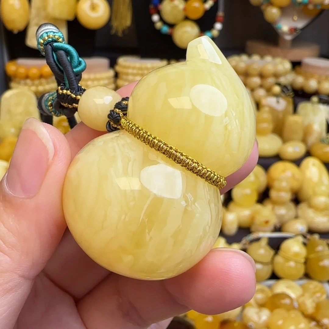 琥珀未镶嵌套链天然白蜜虎皮妖花蜜蜡葫芦吊坠
