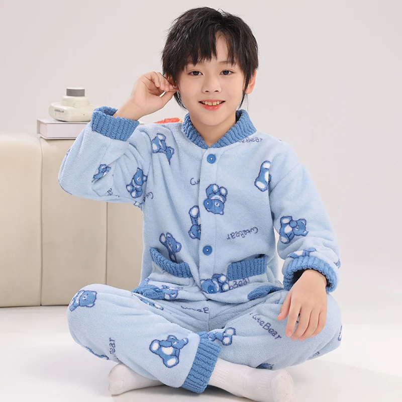 儿童睡衣男童秋冬珊瑚绒套装女孩加绒加厚中大童法兰绒外穿家居服