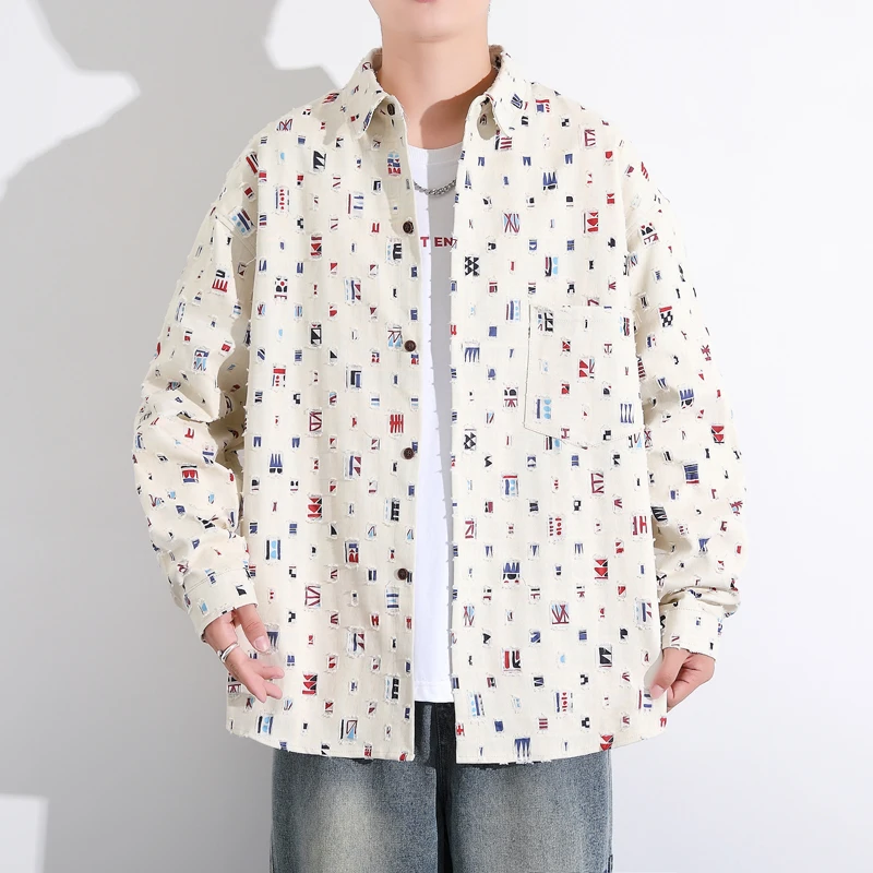 男士休闲衬衫夹克男秋季时尚丝毛休闲衬衫夹克梭织日系上衣印花