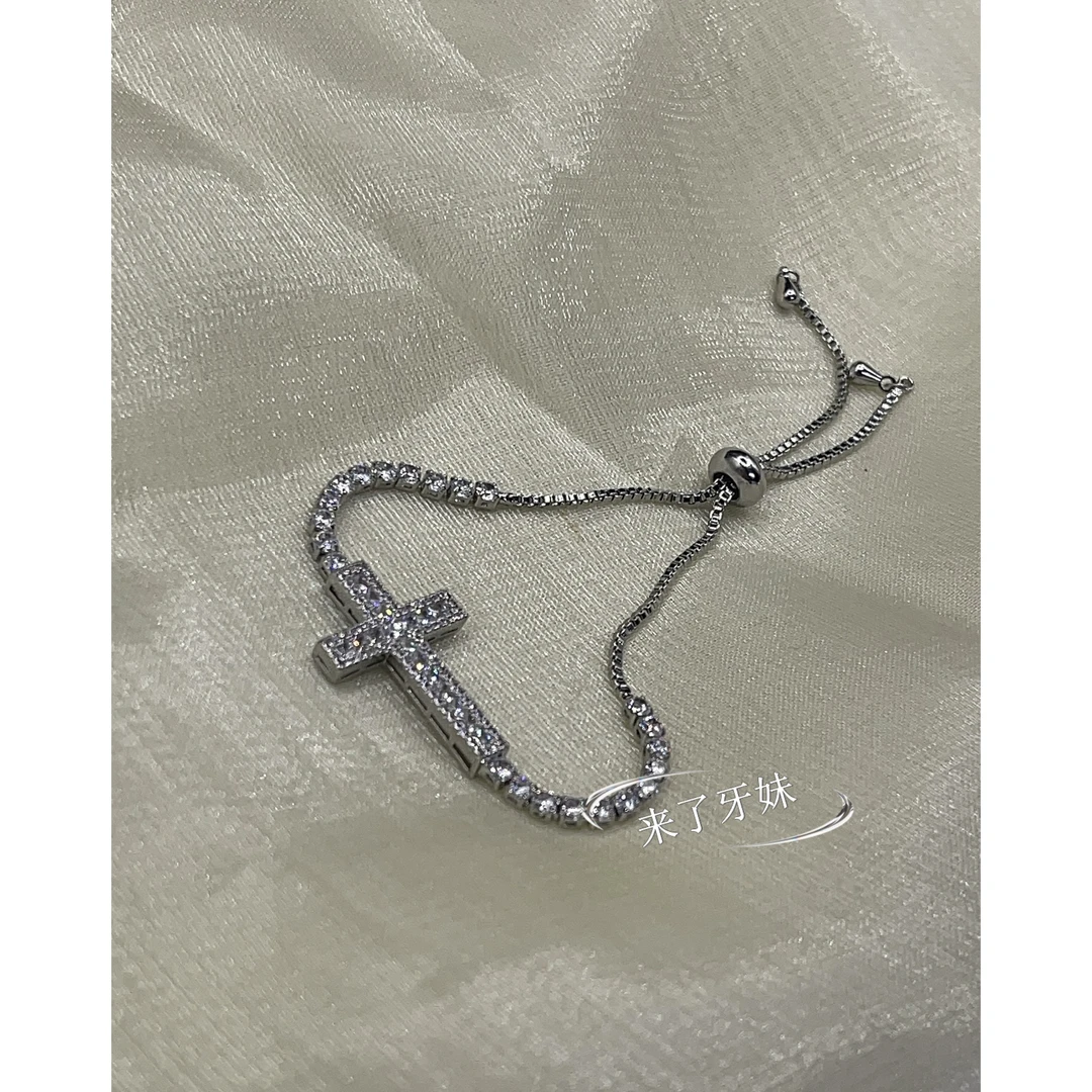 铜合金锆石手链 十字满锆抽拉手链SL190百搭镶嵌轻奢气质时尚简约