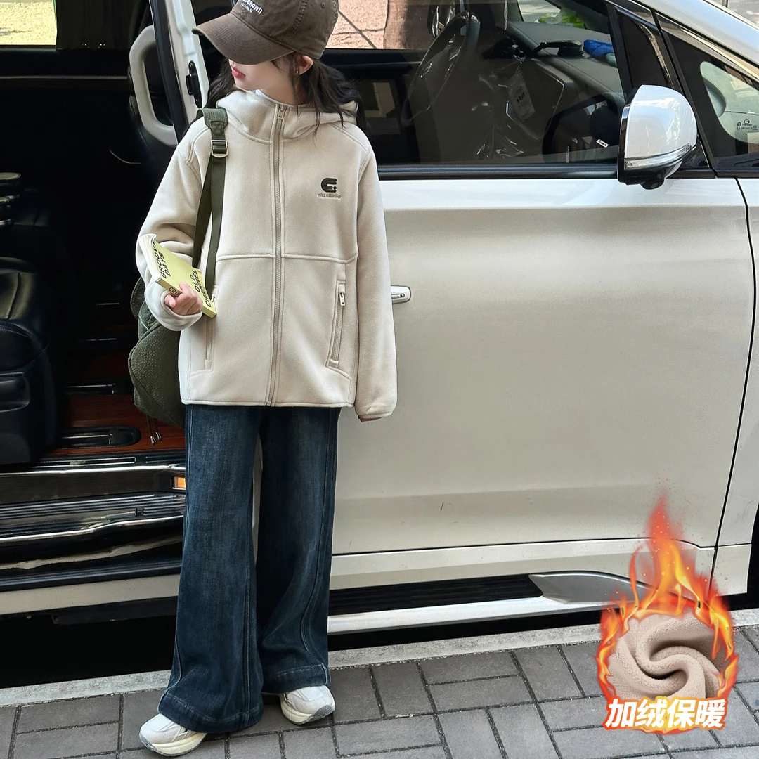 女童套装秋冬加绒10-15岁大童学生校服神器儿童外套牛仔裤两件套