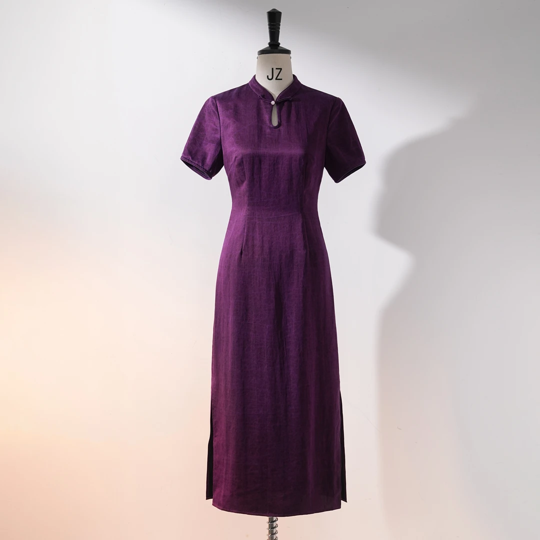 西子/【紫宸夫人】重磅桑蚕丝非遗香云纱紫色旗袍连衣裙/QPHJ103