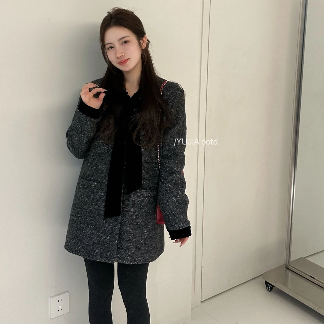 （小香风）冬季韩系时尚设计师小香粗纺外套显瘦中长款羽绒外套