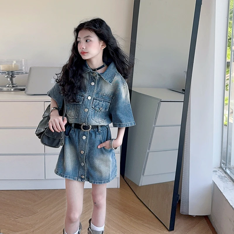 女童短袖连衣裙2025新款儿童洋气时髦牛仔裙中大童女孩夏装裙子潮