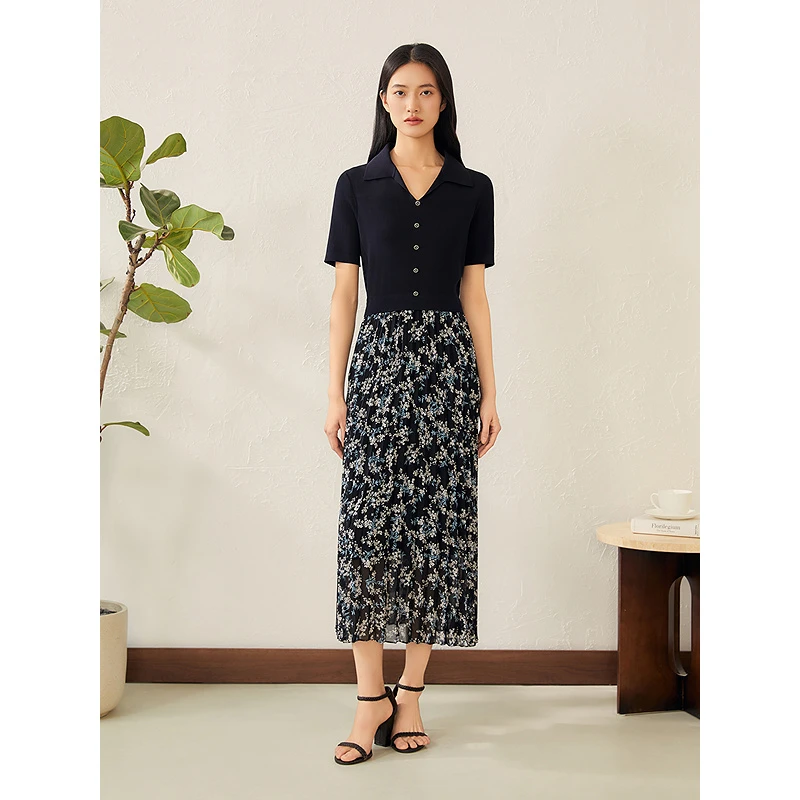 YINER音儿专选法式V领小苍兰印花假两件收腰连衣裙8C65206566