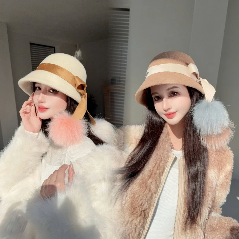 CREAMPP 原创时髦慵懒大牌厚羊毛前长后短渔夫帽撞色狐狸毛球盆帽