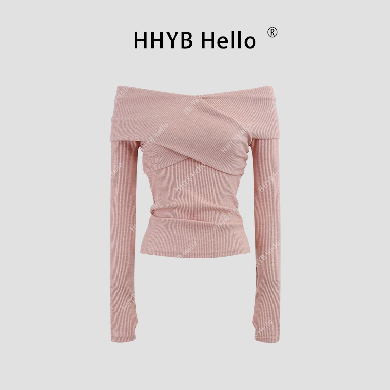 HHYB Hello交叉V领抽褶一字肩露肩T恤2025新款修身内搭打底衫7868